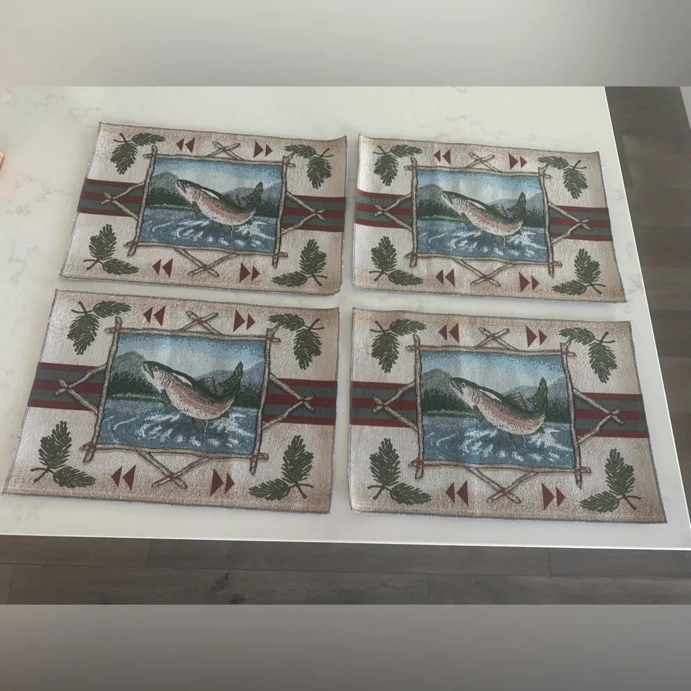 Set of 4 Rustic Trout Lodge Woven Placemats Cabin Fishing Decor